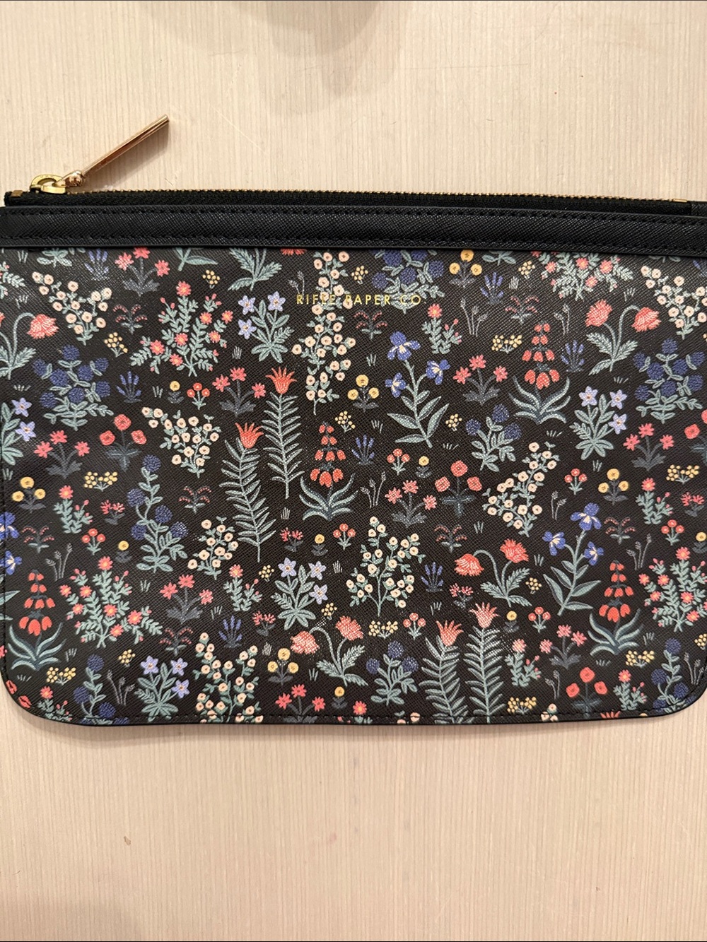Rifle Paper Co. Black Floral Zip Pouch with Multicolor Botanicals Menagerie